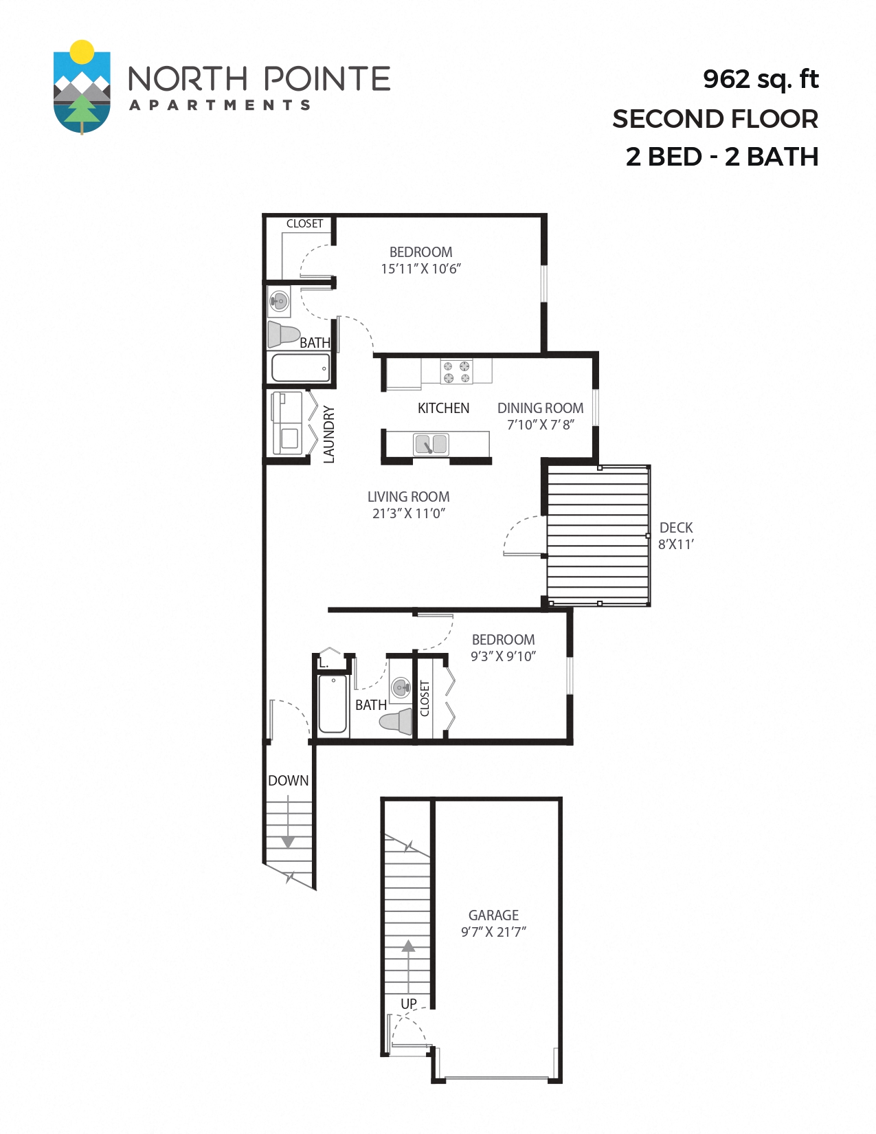 Floor plan for 2 beds, 2 baths, 962 sqft